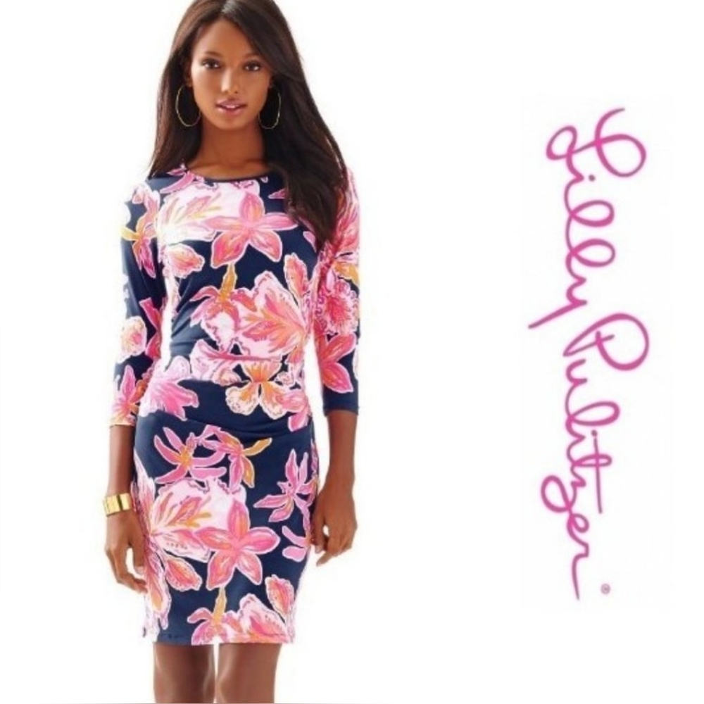 LILLY PULITZER Sophie Shift Dress Sunny Via Blue Pink Floral Print Medium UPF 50